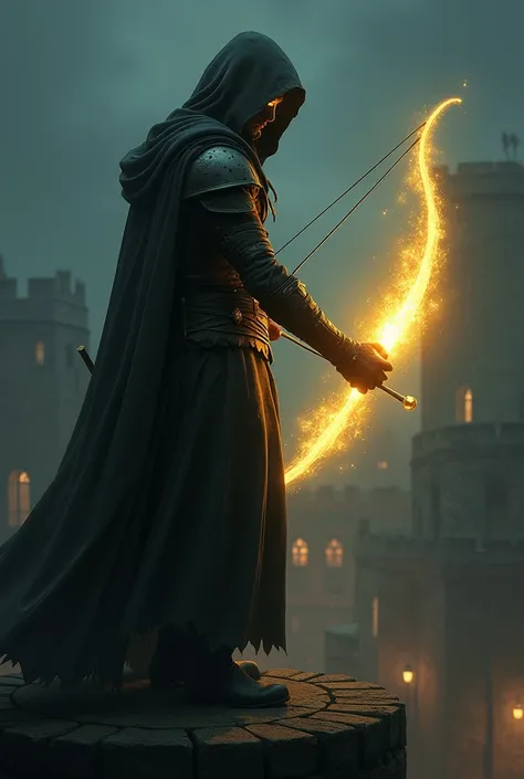 Night time, in an old town, on a high tower, stands a hooded figure, he has blur robes with leather armor, his right eye has golden light comming out of it, hr has a glowing bow, his right arm has golden light comming out of it