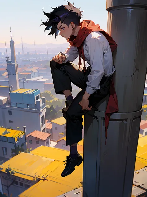 1male,Spiked Messy Black Hair,Modern Undercut Hair, Somber expression, Purple Eyes , White Longsleeve Shirt ,Ear Piercings, Red Scarf, Teen Male, lean muscular build,Baggy black cargo pants, Standing Ontop of a pillar, perfect generation,Sunny Village Back...