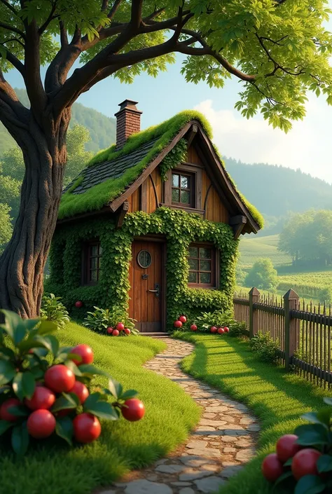 mossed cottage with apple tree and vineyard 