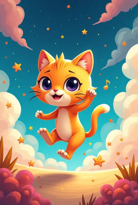 Create an image of cute orange cat dance with computer in sky  in cartoon style