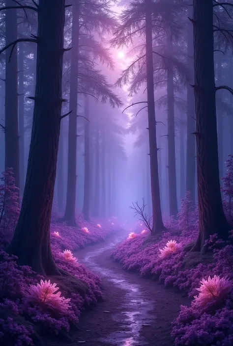 A mystical, enchanted forest shrouded in deep shades of purple and violet. The towering trees stretch upward, their bark glowing faintly as if imbued with ancient magic. Delicate, luminous flowers bloom along winding paths, their petals shimmering like sta...