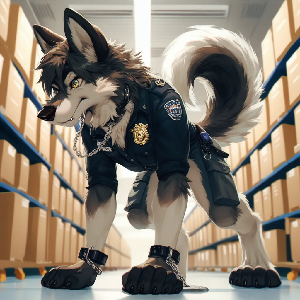 score_9, score_8_up, score_7_up, score_6_up, very long haired, anthro furry, wolf, wearing a black police vest, sniffling boxes,...