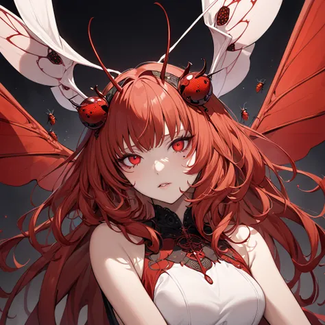 The beautiful female fly devil who has completely become an alien fly devil in body and mind is a female demon of the foreign fly with naked red hair, has compound eyes of flies, and has fly antennae and fly wings、(( best quality)), ((masterpiece)), ( Deta...