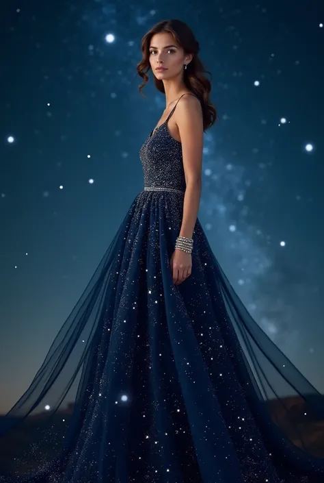 Full-length photo, full-length, young and beautiful girl, wearing a beautiful evening dress, the dress is inspired by the starry night sky, the color of the dress is navy blue, it is decorated with stars, it is decorated with sparkling jewelry, the backgro...