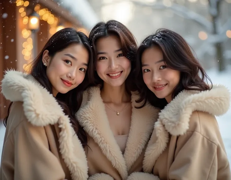 Adorable Japanese women in their 40s wearing fluffy fur coats。smile、winter。(((Sexy Breasts、Armpits)))3 people