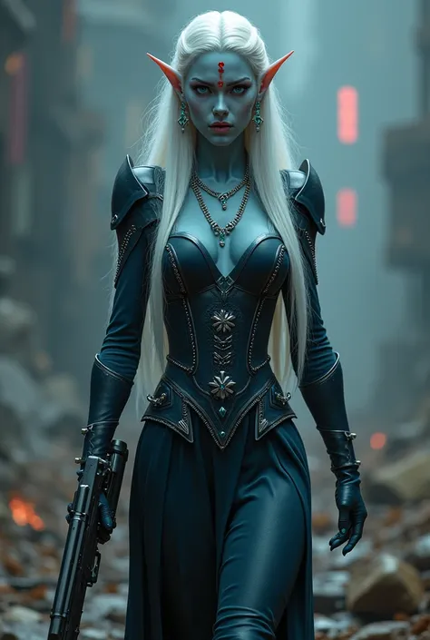 1 beautiful queen, beautiful woman, 30 year old queen, ((dark elf queen)), ((wearing modern soldier costume)),((milatary costume)), long white hair, Very delicate silver necklaces, earrings with emeralds, ((red bindi on forehead)), noble, blue eyes, very b...