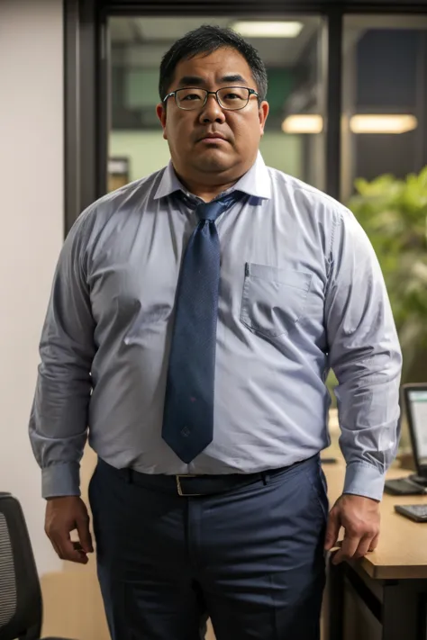 a slightly overweight 30-year-old japanese man.,  a japanese man wearing a white business shirt is standing, grey trousers, medi...