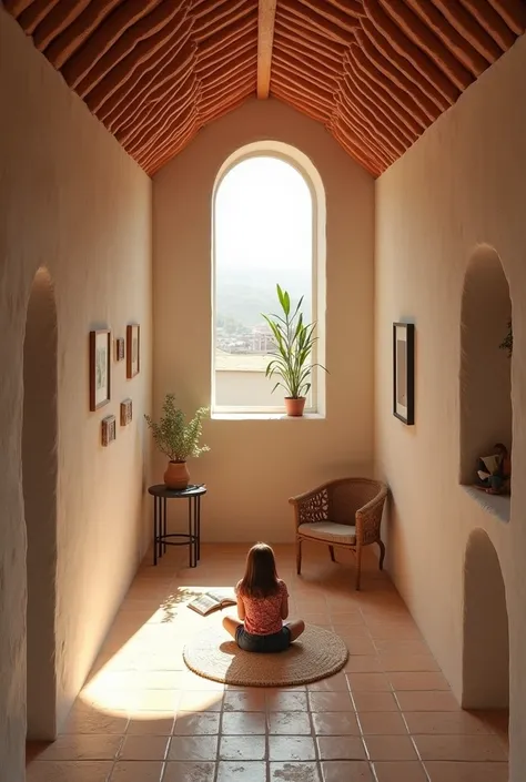  a view from down to a mezanine floor which has a reading space with a minimal interior theme. The roof is slopped with terracota cieling tile. Also add a girl reading a book in that space. Well lit with natural light.