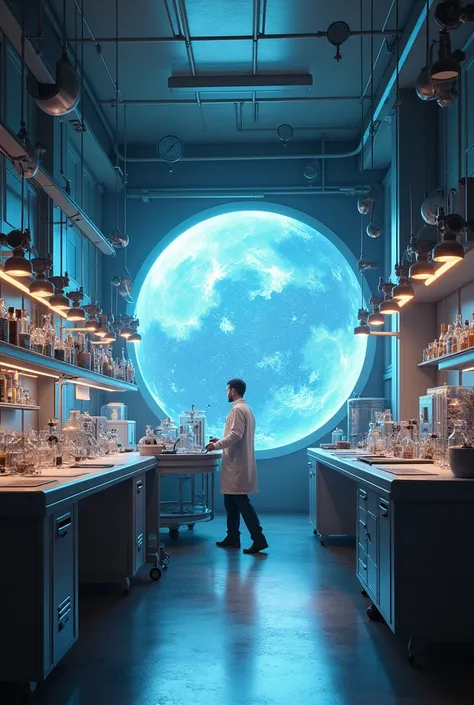 The visual presents a futuristic laboratory. Various scientific instruments and equipment line the walls, while a large window offers a glimpse into the cosmos. A lone scientist in a white coat works diligently at a central workstation