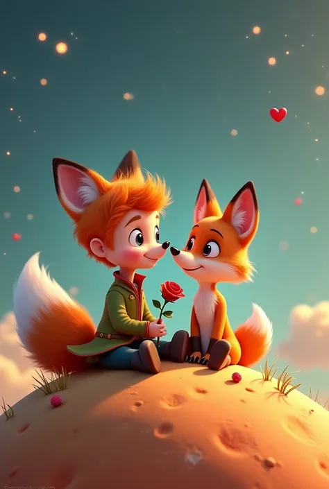 3d pixar style drawing of the little prince with his fox friend and the rose that he loves very much on his planet, They must be sitting on top of their planet happy, His features of the little prince and the fox must be tender