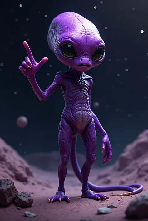 purple alien、 real、Its pointing at this point、The background is space