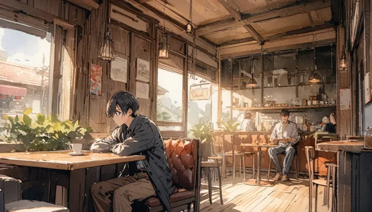 masterpiece,最 High Quality , Very detailed, High Resolution Background ,8k, nothing, High Quality ,break,Japanese manga style , sketch, Watercolor colors,Cozy cafe,Old interior, Stylish Decor ,The boy sits,slowly,relax,coffee, 