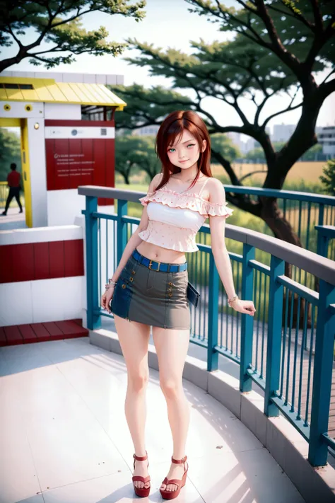 pretty young woman, standing posed at greem balcony railing, (+forehead, reddish-brown hair, long hair), wearing light beige short sleeves crop camisole off-shoulder (+ruffle), brown blue-gray denim pencil mini skirt, blue belt, white heel platform sandals...