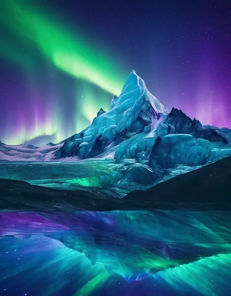 Aurora Borealis lighting up the sky over a majestic glacier, Purple-blue-green gradient aurora, everything except the shadows is colored with colored cellophane, masterpiece, colored cellophane glacier, Silhouette mountain, bright starry sky