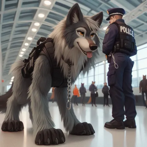 score_9, score_8_up, score_7_up, score_6_up,jenna,  very extra long haired, anthropomorphic, adult, furry, wolf, wearing a heavy police vest, quadruped, standing on its toes, all fours, panting, transit station,, black tactical uniform, chain collar, adult...