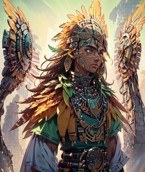 in an amazonian golden city  a beautiful strong man walks lightly. he has a traditional outfit of aztec people his eyes are visi...