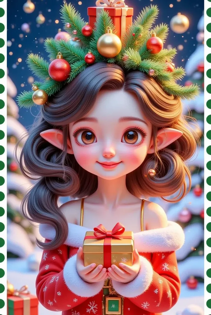 A girl is holding a gift m in front of a Christmas letter, The hair is decorated with gifts and Christmas trees， Official illustrations