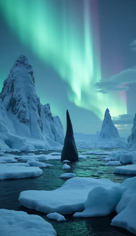  Aurora、permafrost、iceberg、One-horned whale 、Monodon monoceros、 rising horn、Frigid sea