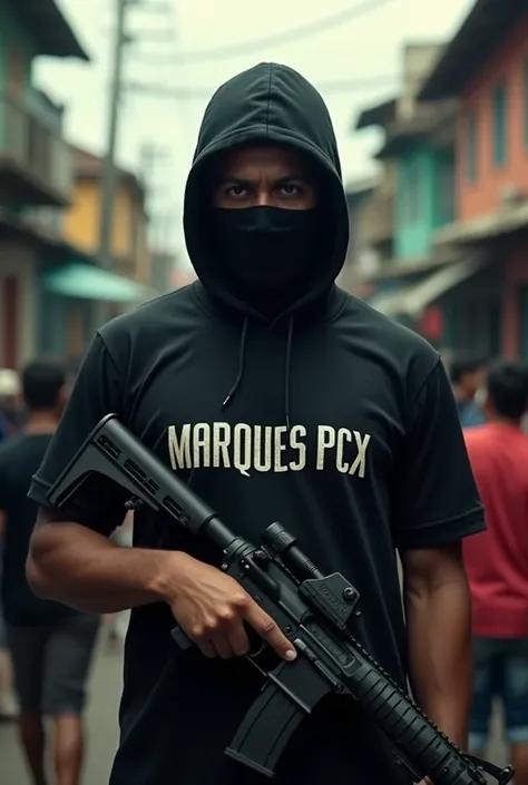 Create a guy with a mask ,  With a gun in hand,  in a favela with many people behind,  is written Marques Pcx on his shirt