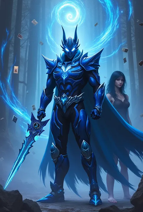 Kamen rider taiga with wolf armor color blue and rising sword blade on his hand with card around him and girl with black hair behind him