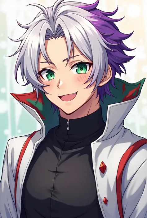 a cartoon image of a guy perfect smile, green eyes with white hair with purple streaks and a black shirt, white robe,red and green scraft an anime drawing inspired by Itō Ogura Yonesuke, tumblr, shin hanga, orange - haired anime boy, handsome guy in demon ...