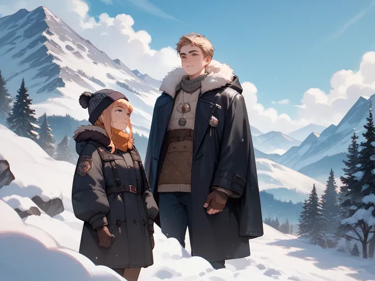 girl and young man,The young man is wearing a black cloak and a deep hood to hide his eyes,The girl is wearing a black coat, snowy mountains