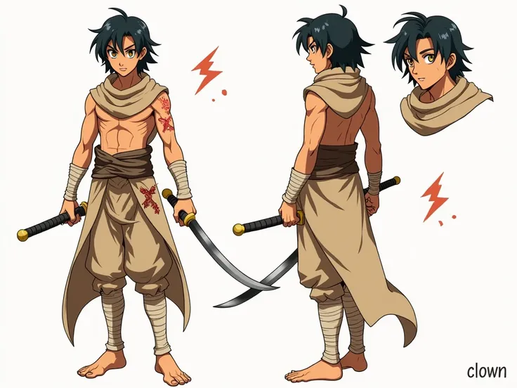 Anime-style character design of a male character named Clown (คราวว์). He has shoulder-length black hair, golden eyes with an emotionless expression, and sun-tanned skin. His body shows several scars from past battles. He wears desert-themed clothing, cons...