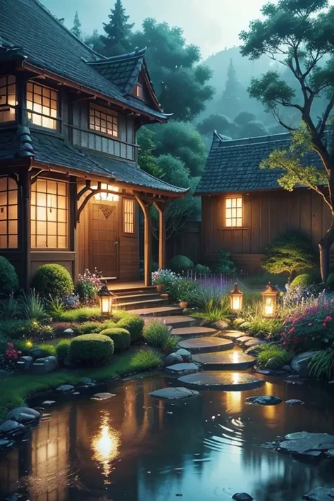  best quality、Lush garden、 Mysterious Atmosphere 、 beautiful scenery