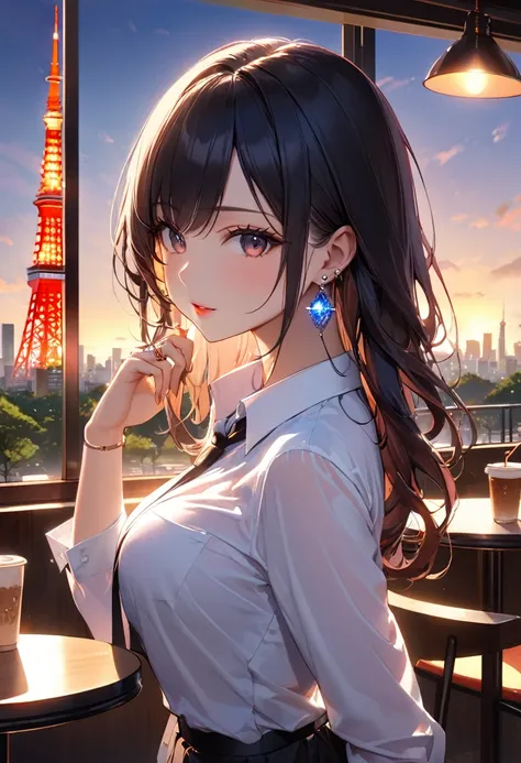 masterpiece,best quality,ultra detailed,high resolution,16k, beautiful,  1 girl ,  black long hair by lla,Business shirts、 Business Skirt、 earrings for a woman alone, Outdoor、Married Woman,Cafes in Tokyo、Skyscrapers in the background、 Tokyo tower 、coquetti...