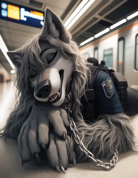 score_9, score_8_up, score_7_up, score_6_up,jenna, very extra long haired, anthropomorphic, adult, furry, wolf, wearing a heavy police vest, lying down, panting, transit station,, black tactical uniform, chain collar, adult furry wolf, wavy hair, long slen...