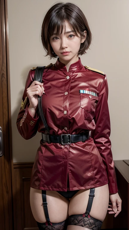 (Realistic:1.5), (Realistic:1.4), （8k, Real Super High Quality Beauty ）,Chisato,  one girl who is at ease, bangs, indoor,  short hair on the side of the uniform、（ Tight Smart Body ）, smile, Alone,  standing,  sexy pose,  Beautiful Small Breasts, Red Unifor...