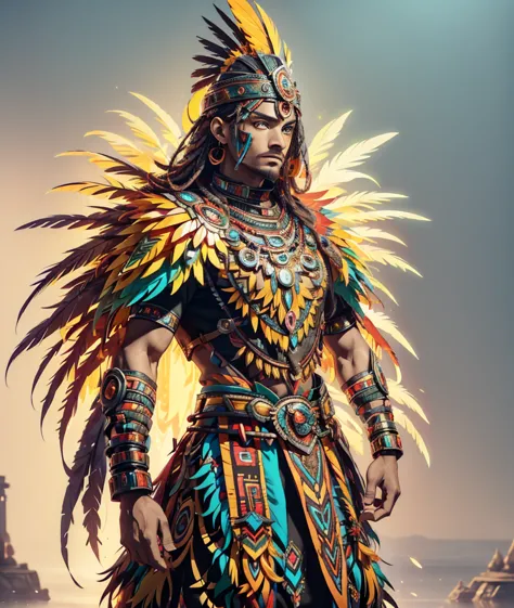 in an amazonian golden city  a beautiful strong man walks lightly. he has a traditional outfit of aztec people his eyes are visi...