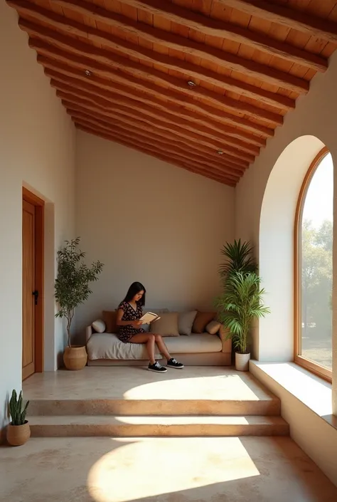  a view from ground  to a mezanine floor with a reading space with a minimal interior theme. The roof is slopped with terracota cieling tile. Also add a girl reading a book in that space. Well lit with natural light. give a small stair too