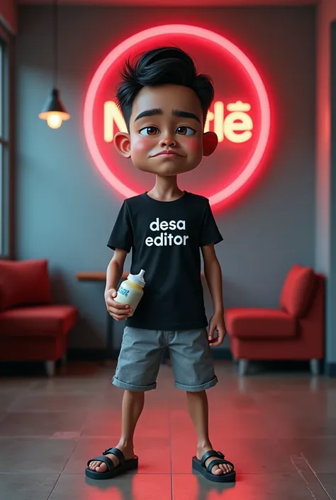 Realistic caricature of an Indonesian man, 20 years, short black hair, serious face, closed mouth, black shirt with "DESA EDITOR" written on it, wearing gray oshort pants, wearing sandals. His eyes are focused on the camera, standing and posing. One of his...