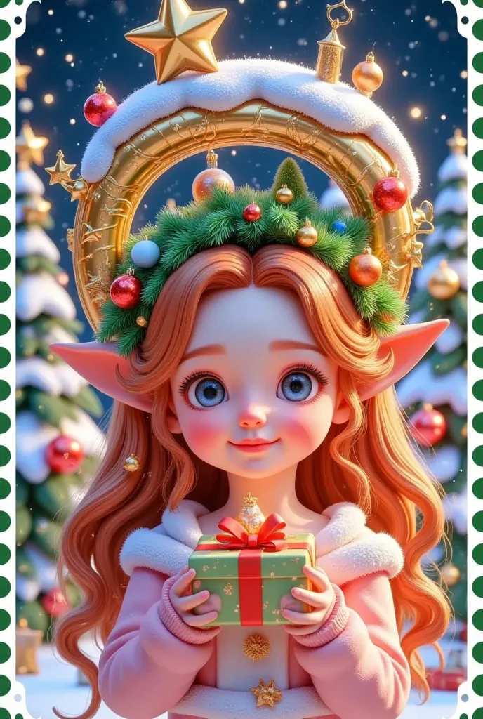 A girl is holding a gift m in front of a Christmas letter, The hair is decorated with gifts and Christmas trees，  beautiful face， skin details ，Official illustrations