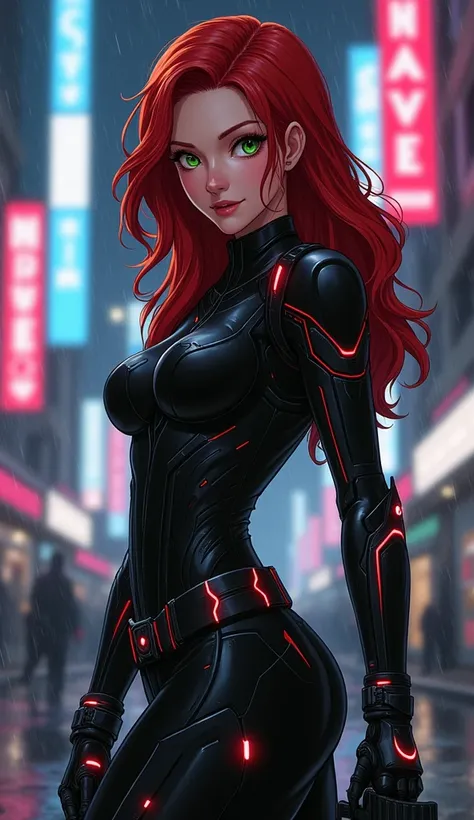 **Prompt:**  
"An ultra-detailed anime reinterpretation of Black Widow, portrayed as a bold, fierce, and alluring character. Her signature red hair flows dramatically in smooth, silky waves, glowing with a fiery sheen under soft, moody lighting. Her pierci...