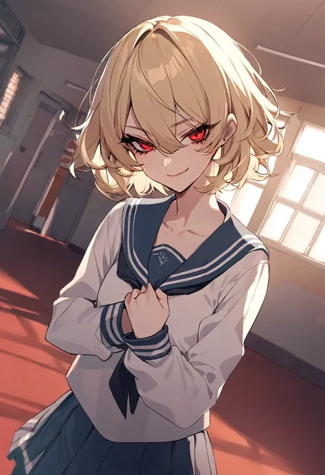 Girl, trans, trans girl, M to F, school, highschool, sailor girl, short gold hair, red eyes, sadist, psycho, slightly smiling, small smile, slight blood