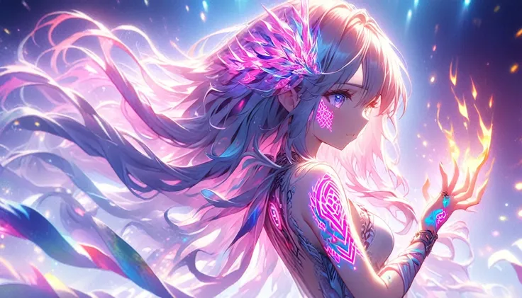  Anime Screenshot、 artistic animated illustration of a woman with a glowing neon geometric dragon tattoo all over her body and face。Arm and leg tattoos、 red mixture , purple and fire 。、 emitting neon lights 。She has been a long time,  Flowing Hair 。、、 This...