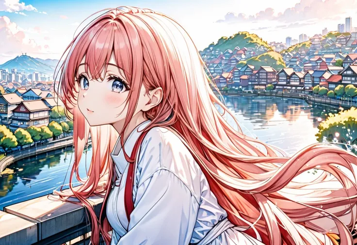 panoramic view, erfect anatomy, masterpiece, best quality, 16k, beautiful detailed grow, daydreaming expression.masterpiece,best quality, 1 woman, 22 years old, kawaii,long hair,miko, japan cityscape, outdoors, dutch angle, lineart,water color,rakkun girl,