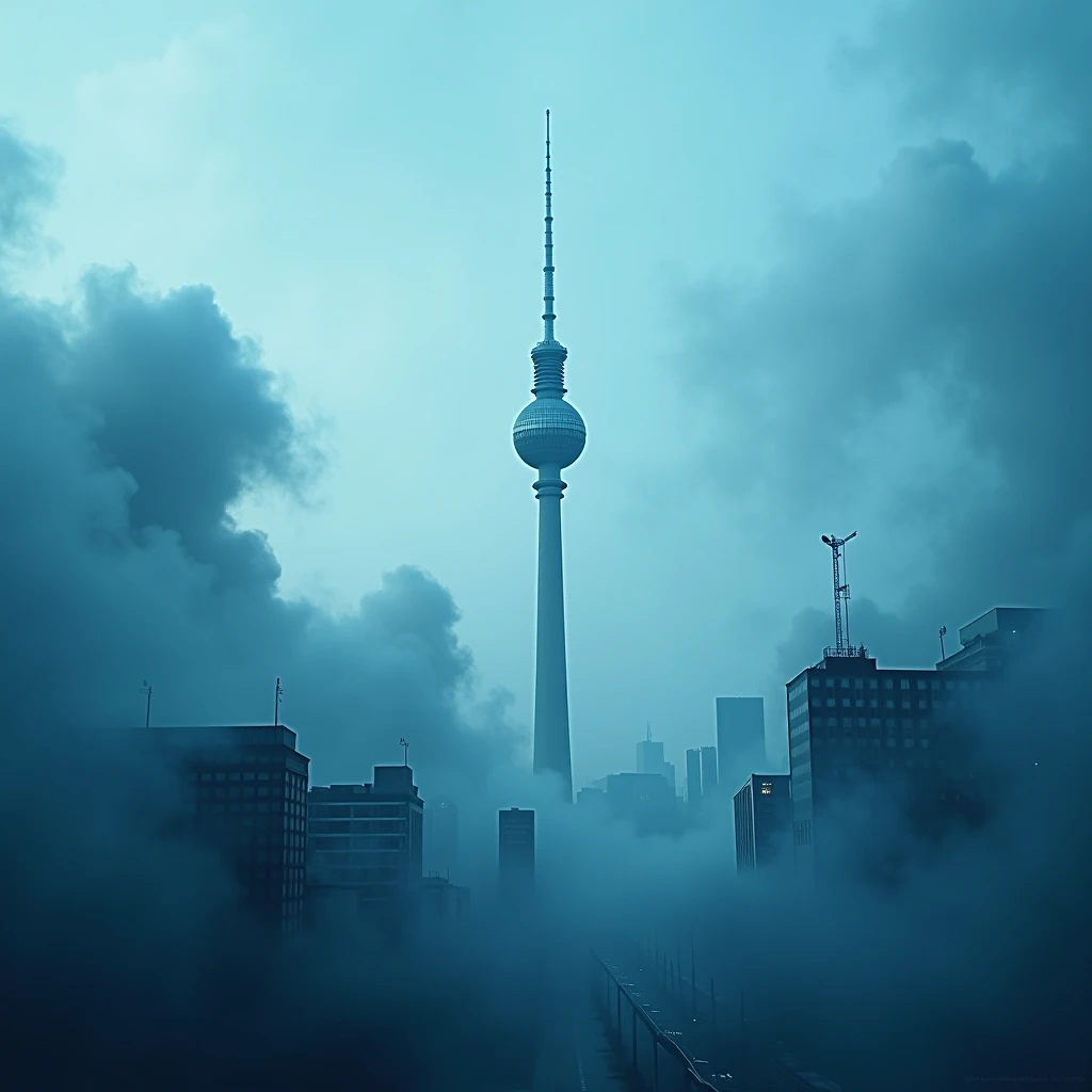 A striking view of Berlin’s cityscape, featuring iconic landmarks like the TV Tower and modern high-rise buildings, partially obscured by thick blue and white smoke billowing dramatically across the scene. The atmosphere is intense and moody, with the smok...