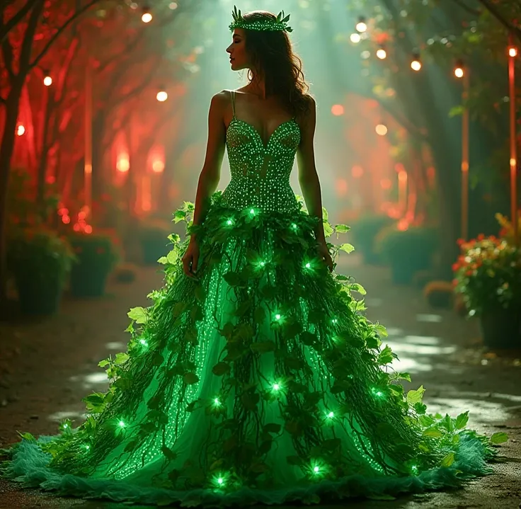 a woman in a green dress holding a christmas tree with lights, dress made of green leaves, lady with glowing flowers dress, dress made with circuit board, full body green dress, light dress, holiday season, dress made of leaves, dressed in a beautiful, wea...