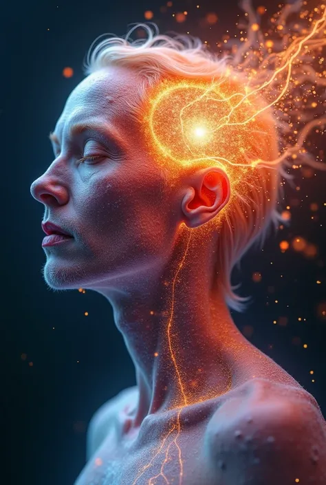 : "A mesmerizing time-lapse-style image of a human body gradually shedding old, dull skin and regenerating new, glowing skin. Include a kaleidoscope of cells regenerating and blooming like flowers in fast motion, with a vibrant backdrop of flowing energy p...