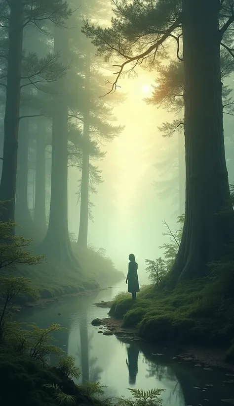 A serene forest shrouded in morning mist, with sunlight streaming through the trees.