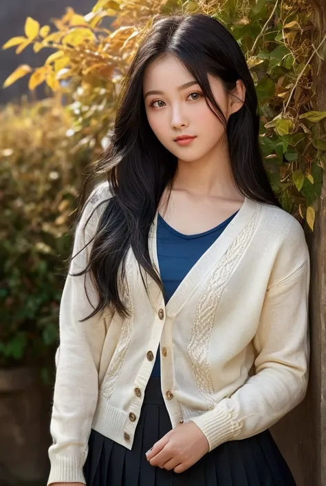 A beautiful young Asian girl with long, flowing black hair and deep blue eyes that captivate the viewer. Her delicate features, including her well-defined lips, nose, and eyelashes, are rendered in stunning detail. The girl wears a cozy, cream-colored knit...