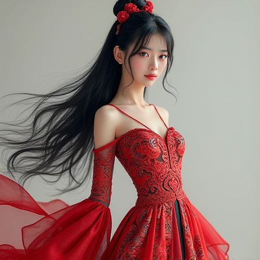  girl,Miss Grand,Design ,Solo, Long hair, Black hair,  blue eyes ,  Red Dragon Pattern Anime Dress,  Details,  Detailsสูง, quality, 