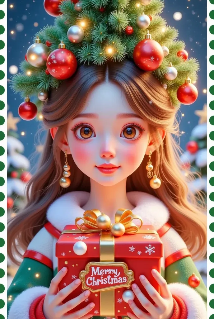 a beautiful girl is holding a present in front of a christmas letter ，the box says christmas , the hair is decorated with gifts ...