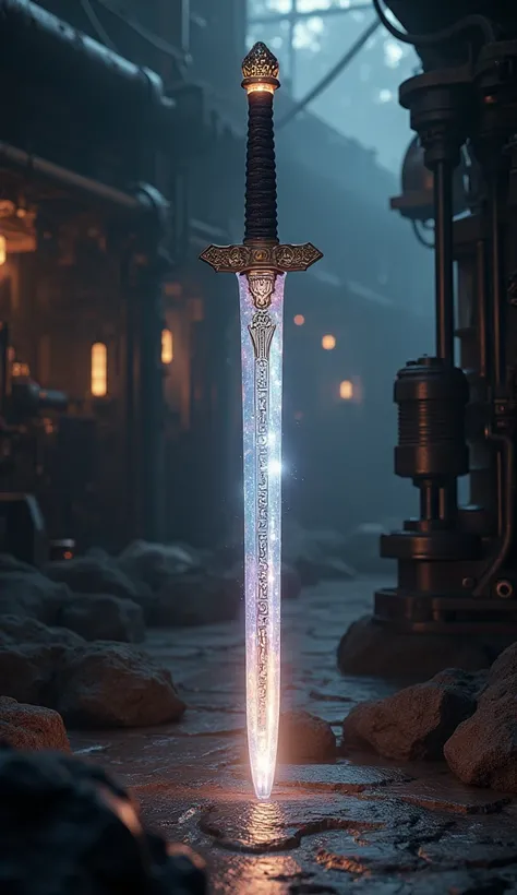 a highly detailed arcane katana made of pure energy, simple yet runic hilt with a crystalline pommel, suspended in place by magic, surrounded by steampunk tech, resembles a lightsaber, 8k, hyper realistic, photorealistic, masterpiece, intricate details, vo...