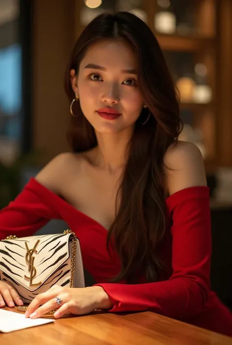 a pregnant Korean woman  , LIA 21 year old  ,   whipped cream skin with perfect texture , green eyes, soft makeup lipstick transparent , on her finger a diamond ring ,dressed in a luxurious red haute couture dress lying down with illuminated brunette hair ...