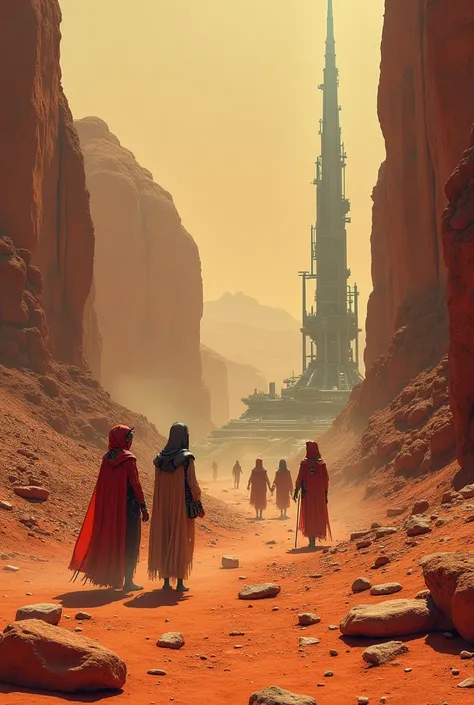 Scene from The Martian Chronicles by Ray Bradbury , with Martians and humans , May humans be there too.
