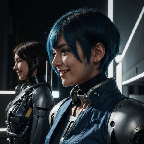 Mechanical, mecha, one person, solo, short hair, profile, upper body, sci-fi, smile, blue hair, (headgear:1), technical background,